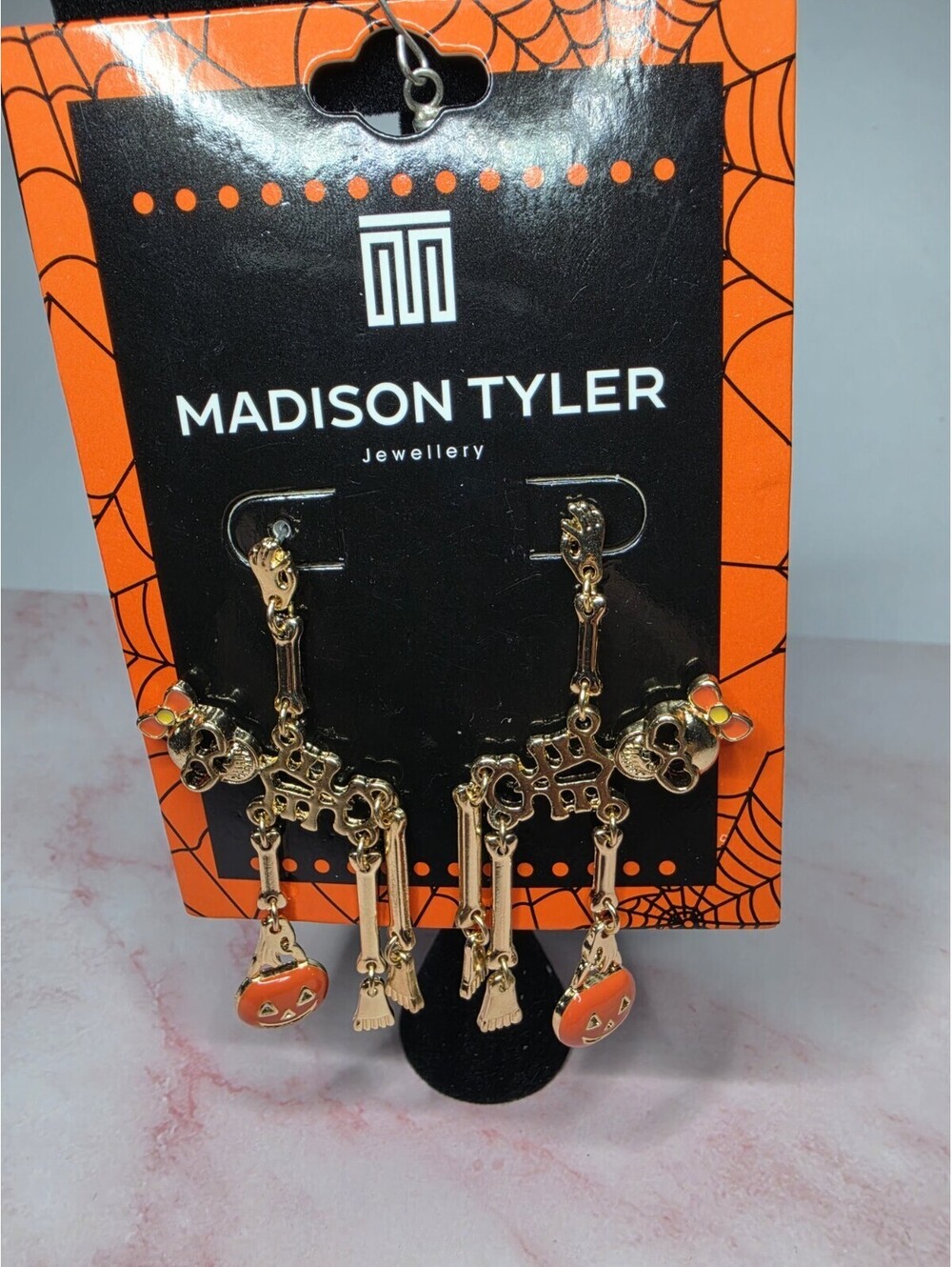 Madison Tyler Halloween Skeleton Pumpkin Dangle Earrings Gold Tone